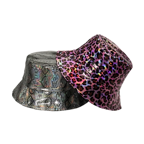 Chapeau Bob Holographique Laser Cuir PU Imprimé Léopard Serpent Brillant Mode Unisexe Accessoire