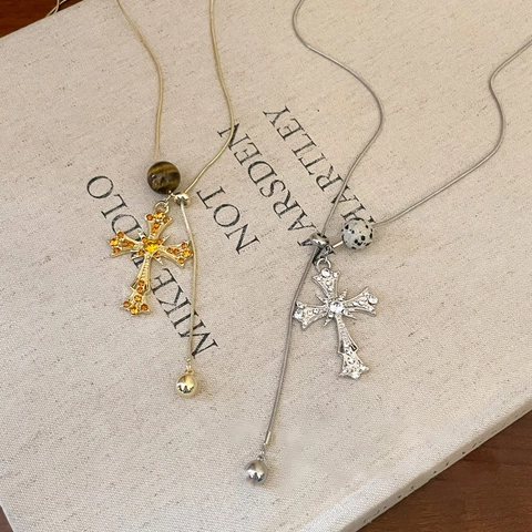 Collar Con Colgante De Cruz Retro Aleación Estrás Incrustado Cuentas De Piedra Ajustable Cadena Larga En Y Para Mujer