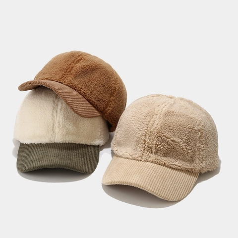 Casquette De Baseball En Laine D'Agneau Et Velours Côtelé Chaude Hiver Extérieur Décontracté Chapeau Réglable Unisexe