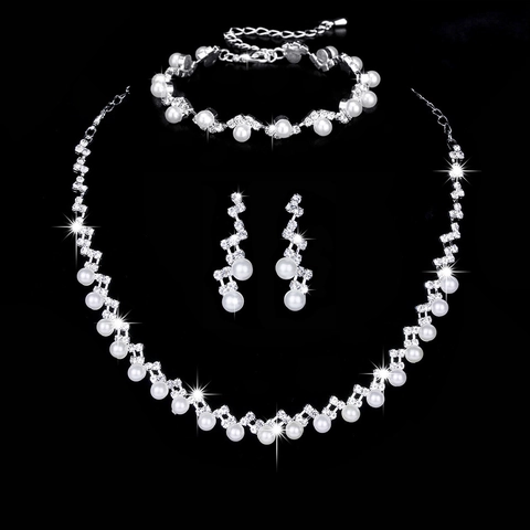 Élégant Collier et Boucles d'Oreilles de Mariage en Argent Avec Perle Artificielle Blanche Strass pour Femme Bijoux de Mariée