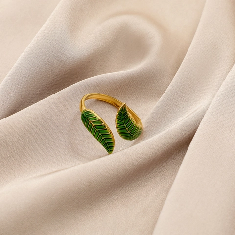 Wald Natur Grüne Blätter Offener Ring Für Damen Edelstahl Vergoldet Emaille Blatt Verstellbarer Fingerring Schmuck