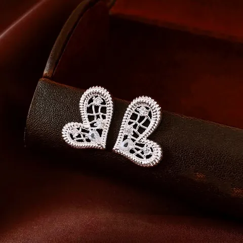 Heart Stud Earrings With Zirconia Hollow Mesh Copper Real Gold Plated And 925 Sterling Silver Earring Post For Women