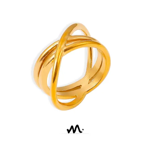 Anello Intrecciato Crossover Design Francese Acciaio al Titanio Placcato Oro 18K Cavo Geometrico Fascia Larga per Donna Gioielli di Moda