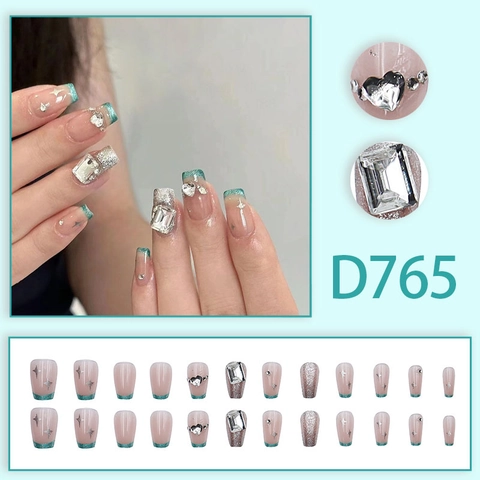 French Mint Green Tips Press On Nails Glitter Rhinestone Heart Star Square Gems Translucent Pink Artificial Finger Nails