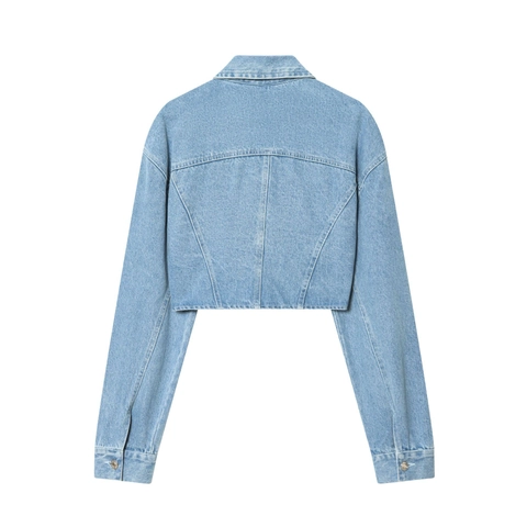 Short Denim Jacket Cropped Long Sleeve Cotton Blend Button Up Turn-down Collar Casual Wash Out Blue Outerwear For Women