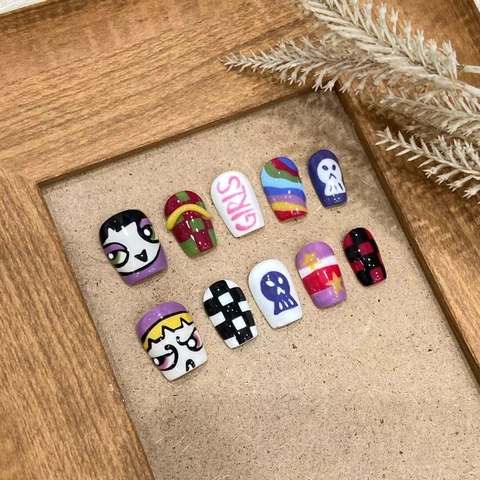 Handmade Press On Nails Colorful Cartoon Eye Checkerboard Rainbow Y2K Style Full Cover Square Fake Nails For Women