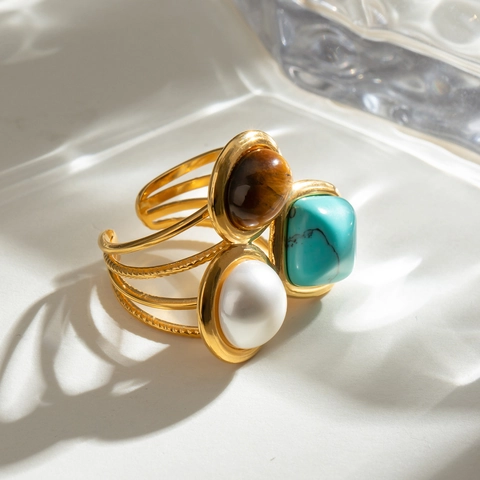 Bohemian Stainless Steel Ring With Tiger Eye Turquoise And Artificial Pearl Open Adjustable Vintage Layered Jewelry For Women