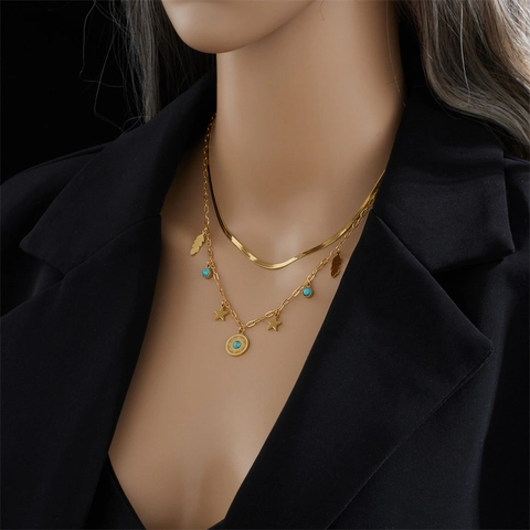 Collier Double Couche en Acier Titane Oeil Maléfique Turquoise pour Femmes Pendentif Rétro Plaqué Or Étoile Plume Bijoux Boho