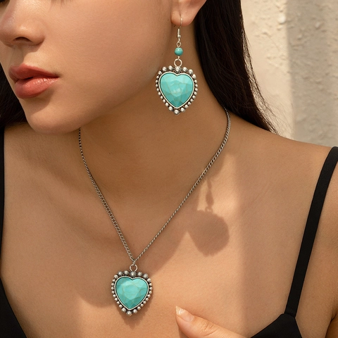 Vintage Etnische Boheemse Legering Kunstmatige Turkoois Ketting En Oorbellen Sieradenset Verzilverde Tribale Stijl Accessoire Voor Dames