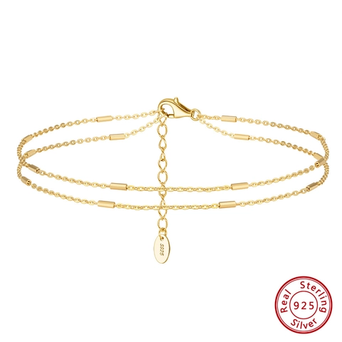 Minimalist 925 Sterling Silver Double Layer Anklet For Women Adjustable Gold Platinum Plated Geometric Tube Charm Foot Chain Jewelry Gift