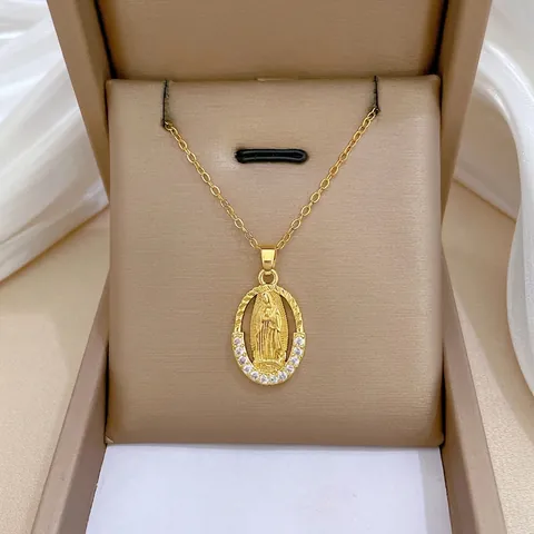 Jungfrau Maria Anhänger Halskette Elegante Titanstahlkette Und Kupfer Zirkonia Oval Religiöser Relief Clavicle Schmuck Damen