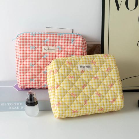 Quilted Bow Cosmetic Bag Checkered Cotton Fabric Makeup Organizer Zippered Portable Travel Toiletry Wash Pouch For Women