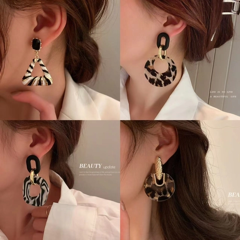 Geometric Drop Earrings With Leopard Zebra Print Acrylic Resin Star Circle Alloy And Silver Earring Post For Women