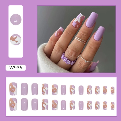 Lavender Purple Cow Print Press On Nails Glossy Marble Texture Mid Length Square Shape For Women Manicure