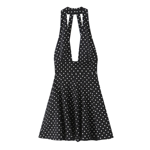 Women Halter Neck Polka Dot Mini Dress V Neck Backless Sleeveless Polyester Elegant Vintage A Line Party Fashion