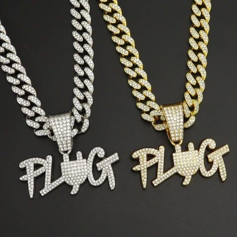 Collana Con Ciondolo Lettera PLUG Hip Hop Lega Strass Iced Out Catena Cubana Gioielli Per Uomini Donne Rap Streetwear