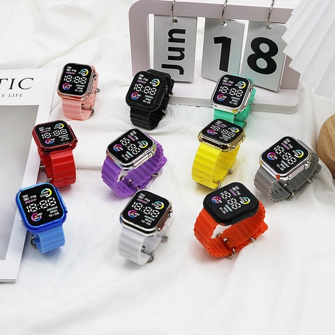 Fashionable Led Digital Watch Square Sports Electronic Wristwatch With Wave Silicone Strap Heart Rate Step Date Display