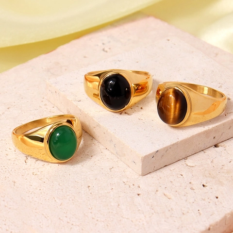 Vintage Signet Ring Oval Tiger Eye Obsidian Stone 18K Gold Plated Stainless Steel Polished Statement Jewelry Men Women