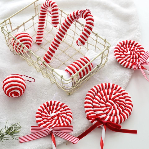 Plush Fabric Christmas Hanging Ornaments Red White Striped Candy Cane Lollipop Decor For Tree Home Party Props