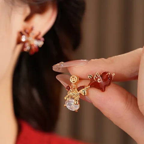Red Horse Flower Stud Earrings 18K Gold Plated Copper With Silver Earring Post Zircon Enamel Fashion Jewelry Women
