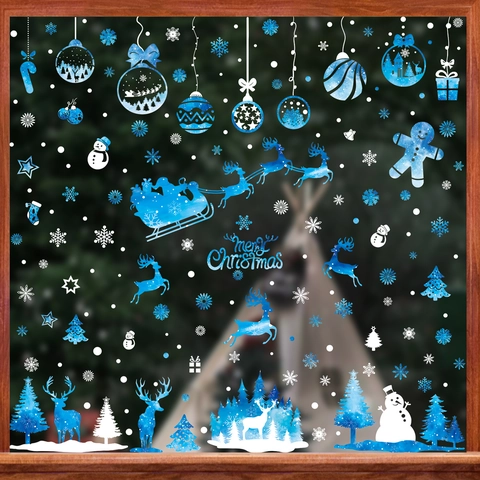 Christmas Window Stickers Static PVC Decals Reindeer Snowflake Santa Claus Winter Holiday Glass Decor Blue Watercolor