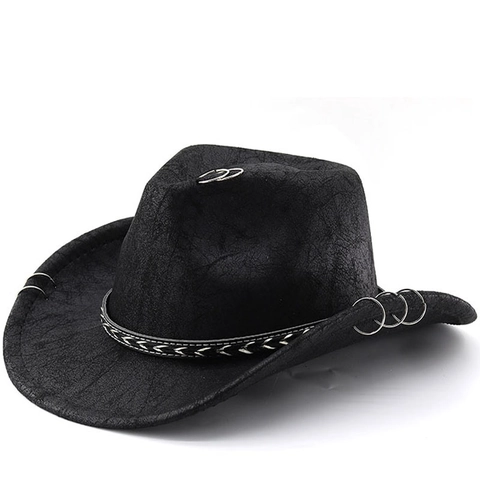 Western Cowboy Hat Faux Suede Metal Rings Woven Band Wide Brim Retro Punk Rock Jazz For Men And Women