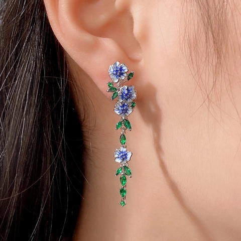 Elegant Western Style Long Floral Dangle Earrings Blue Enamel Flower Green Zirconia Leaf Copper Jewelry For Women Fashion Accessory