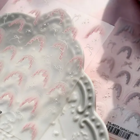 Autocollants Ongles Dentelle Noeuds Rose Blanc Voile Gauffré Décalcomanies Style Doux Lolita Pour Femmes Décoration DIY