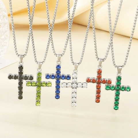 Collana Con Ciondolo A Croce In Acciaio Inossidabile Con Strass Di Zirconi Colorati Gioielli Di Moda Unisex