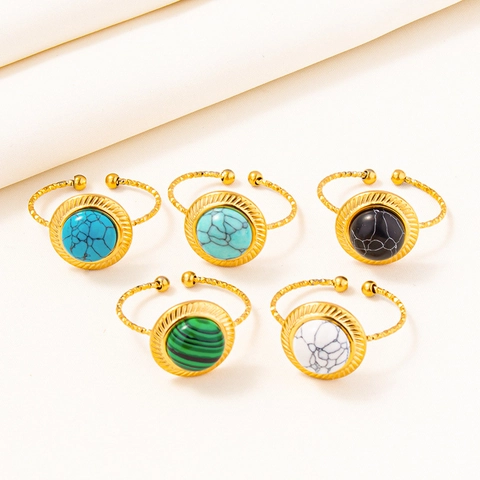 Stainless Steel Geometric Adjustable Open Ring Retro Minimalist Inlaid Colorful Stone Band Ring For Women Men Trendy Jewelry