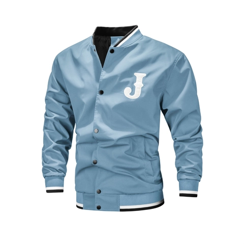 Men Varsity Jacket Casual Baseball Bovenkleding Letter J Borduurwerk Gestreepte Geribbelde Trim Drukknoop Windjack