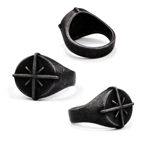 Stainless Steel Compass Cross Ring Vintage Punk Nordic Viking Retro Oxidized Signet Jewelry For Men