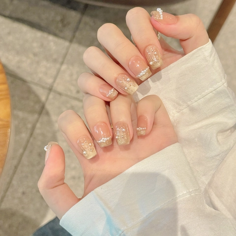 Uñas Postizas Hechas A Mano Francesas Rosa Nude Con Perlas Artificiales Y Brillo Champán Lujo Uñas Artificiales Reutilizables