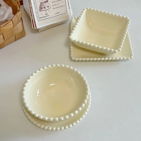 Korean Ins Style Ceramic Dessert Bowl And Plate Cream White Beaded Edge Porcelain Tableware Microwave Safe Elegance