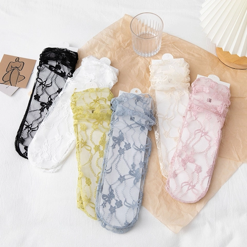 Damen Spitze Netz Socken Blumenmuster Durchsichtig Atmungsaktiv Japanischer JK Lolita Stil Transparente Wadenhohe Socken