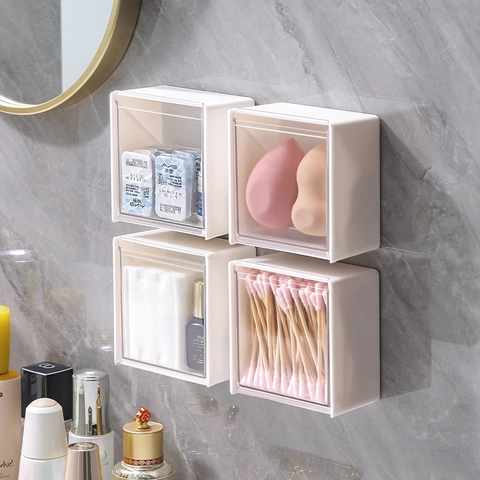 Scatola Portaoggetti Da Parete Con Coperchio A Ribalta Plastica Trasparente Organizer Trucco Bastoncini Cotone Bagno Ufficio