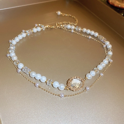 Elegante Doppelschichtige Künstliche Perle Strass Halskette Für Damen Vergoldete Legierung Kristall Anhänger Schlüsselbeinkette Schmuck Geschenk