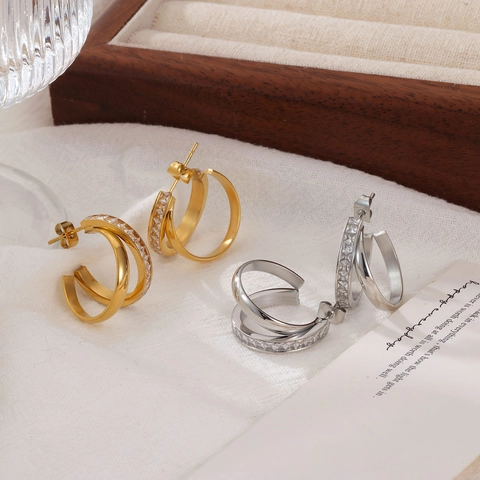 Orecchini A Doppio Cerchio Acciaio Al Titanio Forma C Zirconia Minimalista Elegante Borchie Incrociate Per Donna Placcato Sottovuoto