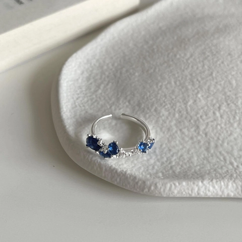 925 Sterling Silver Ring For Women Irregular Asymmetrical Open Adjustable Blue Cubic Zirconia Minimalist Light Luxury Style