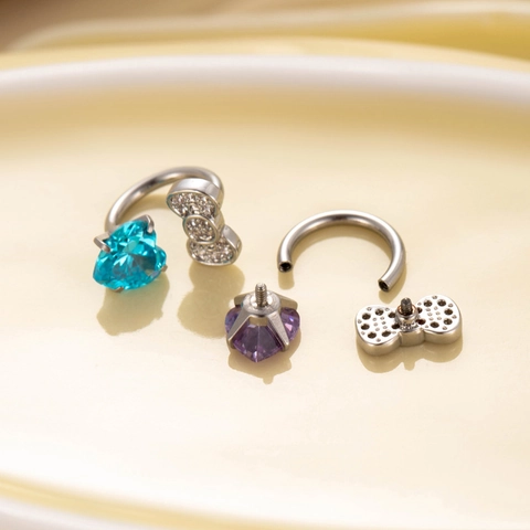 C-Shaped Heart Bowknot Piercing Barbell Titanium Steel Stud Earring With Cubic Zirconia Stainless Steel Post Aesthetic Jewelry