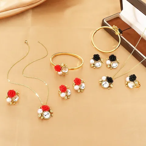 Gioielli In Acciaio Inossidabile Rosa Collana Bracciale Orecchini Anello Perla Artificial Zircone Placcato Oro Elegante Per Donne