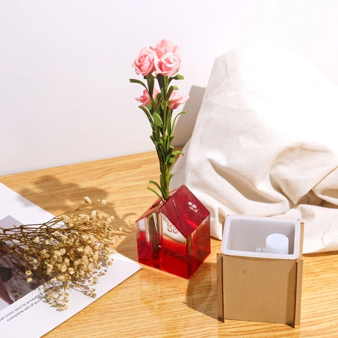 Hausform Silikonform Mit Holzstützrahmen Für DIY Epoxidharz Blumenvase Kreative Hydroponische Heimdekoration