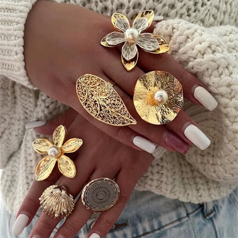 Vintage Statement Open Verstelbare Ringen Dames Goud Zilver Verguld Legering Bloemen Vlinder Kunstparel Mode Sieraden