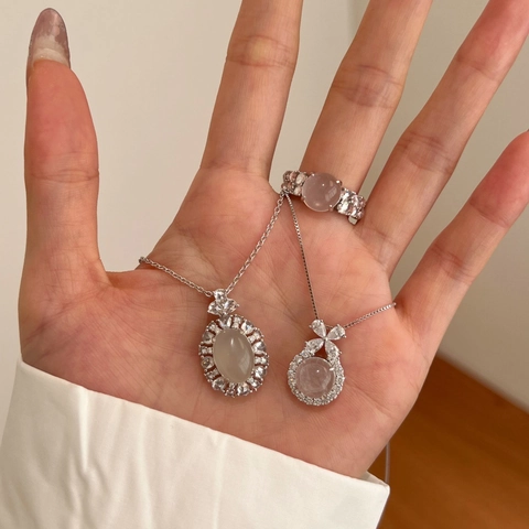 Élégant Collier et Bague en Argent Sterling 925 Pierre Ovale Strass Incrusté Bijoux de Mode pour Femme Cadeau Fête Mariage