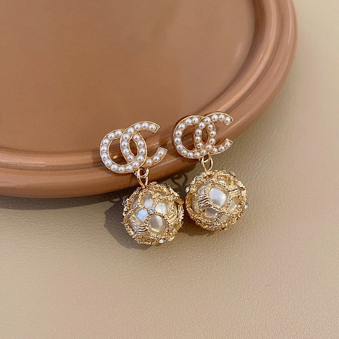Elegant Faux Artificial Pearl Dangle Earrings Alloy Hollow Ball Rhinestone Vintage Women 925 Sterling Silver Earring Post