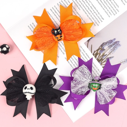 Halloween Strik Haarspeld Legering Grosgrain Lint Mesh Dubbellaags Spookachtige Pompoen Geest Heks Decor Meisjes Accessoires