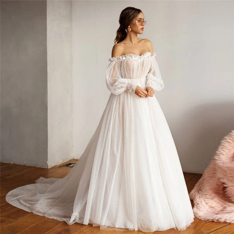 Abito Da Sposa Avorio Spalle Scoperte Maniche A Sbuffo Tulle A Pois Linea A Con Strascico Elegante