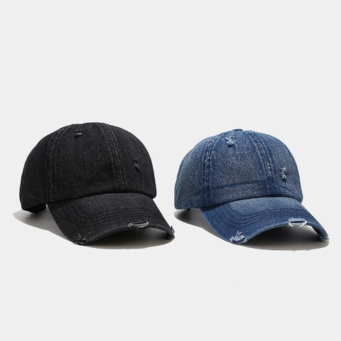 Casquette De Baseball En Denim Vieilli Délavé Rétro Streetwear Chapeau Soleil Réglable Hommes Femmes Style Coréen Trous