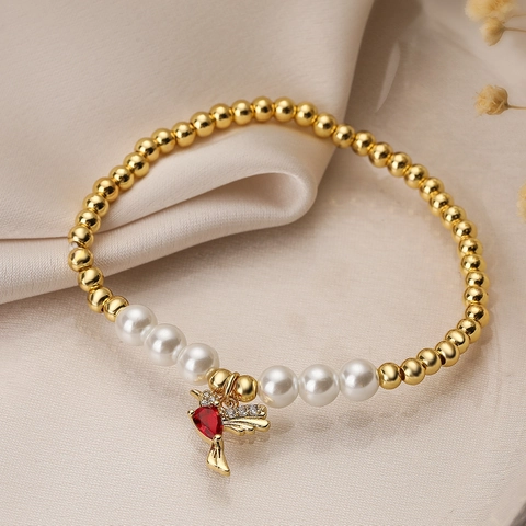 Elegante Pulsera De Cuentas Cobre Bañado En Oro Con Perlas Artificiales Blancas Y Dije De Pájaro Colibrí De Circón De Colores