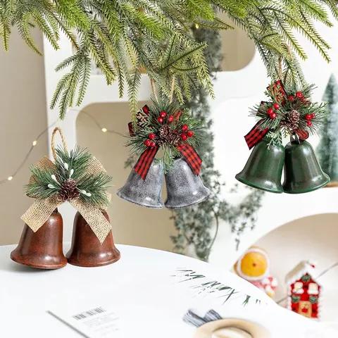 Christmas Bell Hanging Ornaments Metal Vintage Bow Pine Cone Berry Rustic Xmas Tree Decorations Home Holiday Decor